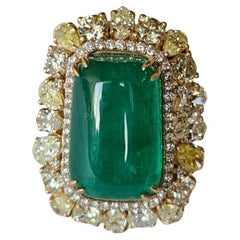 Bague cocktail de 15,56 carats, émeraude naturelle de Zambie cabochon et diamants jaunes