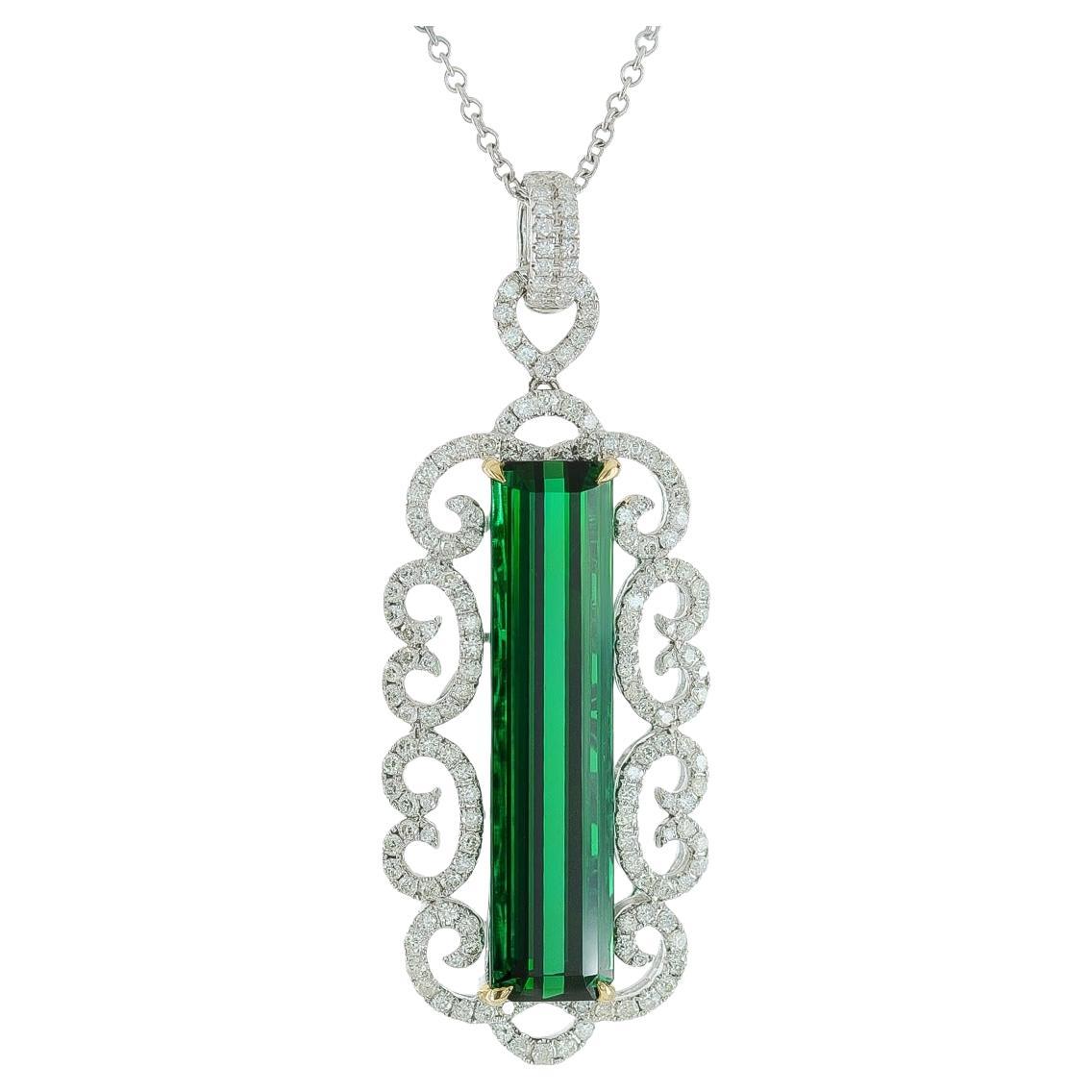 15.56 cts Natural Green Tourmaline 
1.61 cts Diamonds 14K WG Pendant For Sale