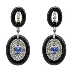 15.57 Carats Diamond, Sapphire, and Black Onyx Drop Earrings in Art-Deco Style