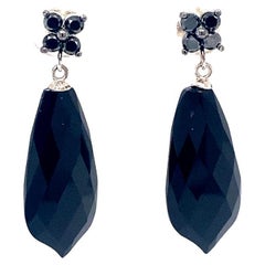 15.58 Black Onyx and Black Diamond White Gold Drop Earrings