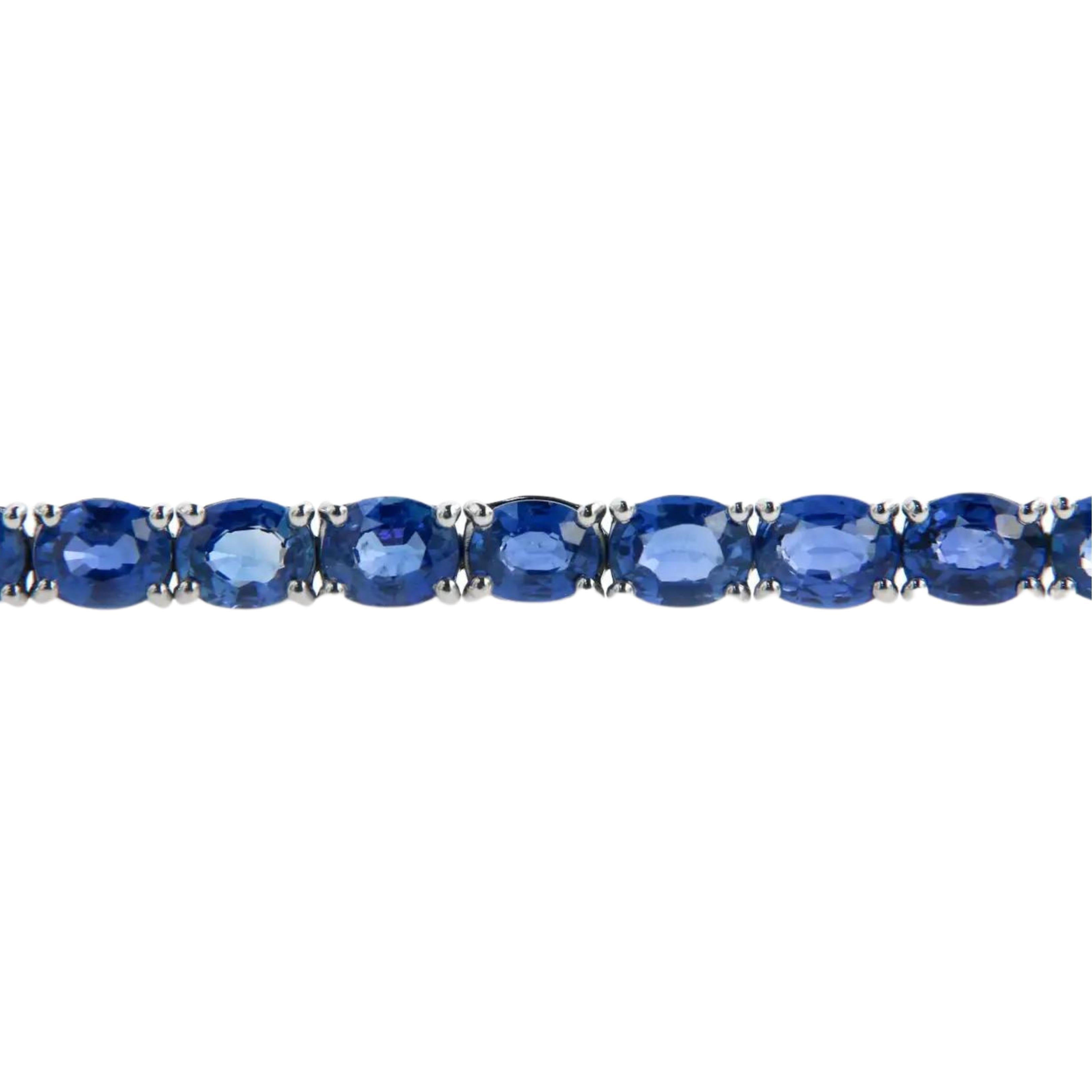 15.58 carats of oval shaped natural blue sapphires make this tennis bracelet. The oval sapphire sizes are 5x4mm using 35 pieces to make this 7inch tennis bracelet. Set in 18k white gold this link bracelet was produced for movement.

 They are
