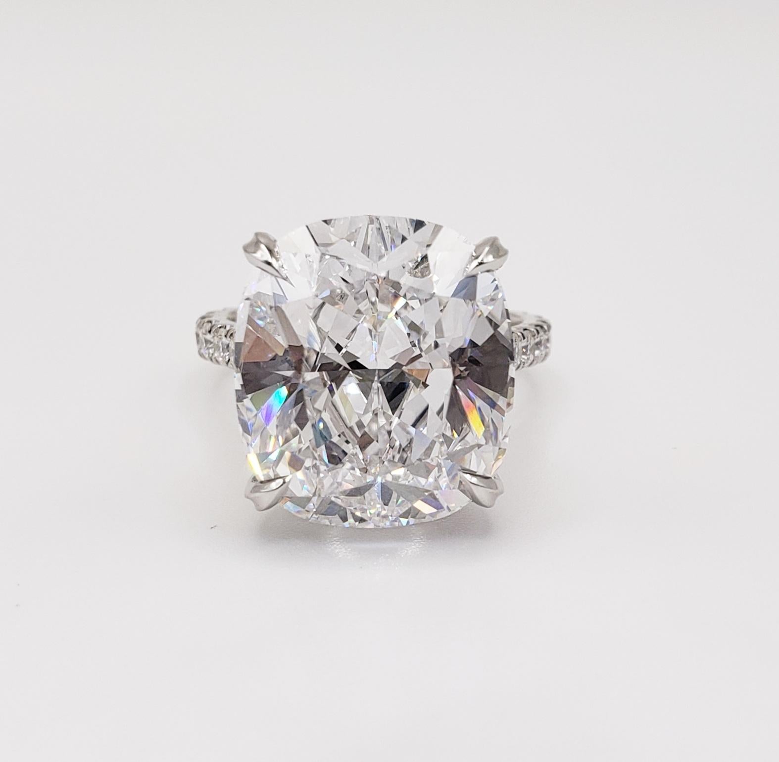 Rosenberg Diamonds & Co. 15.58 carat Radiant shape D color Internally Flawless Type 2 A clarity is accompanied by a GIA certificate. This breathtaking prefect cushion is full of brilliance and is extremely rare. It is set in a handmade platinum