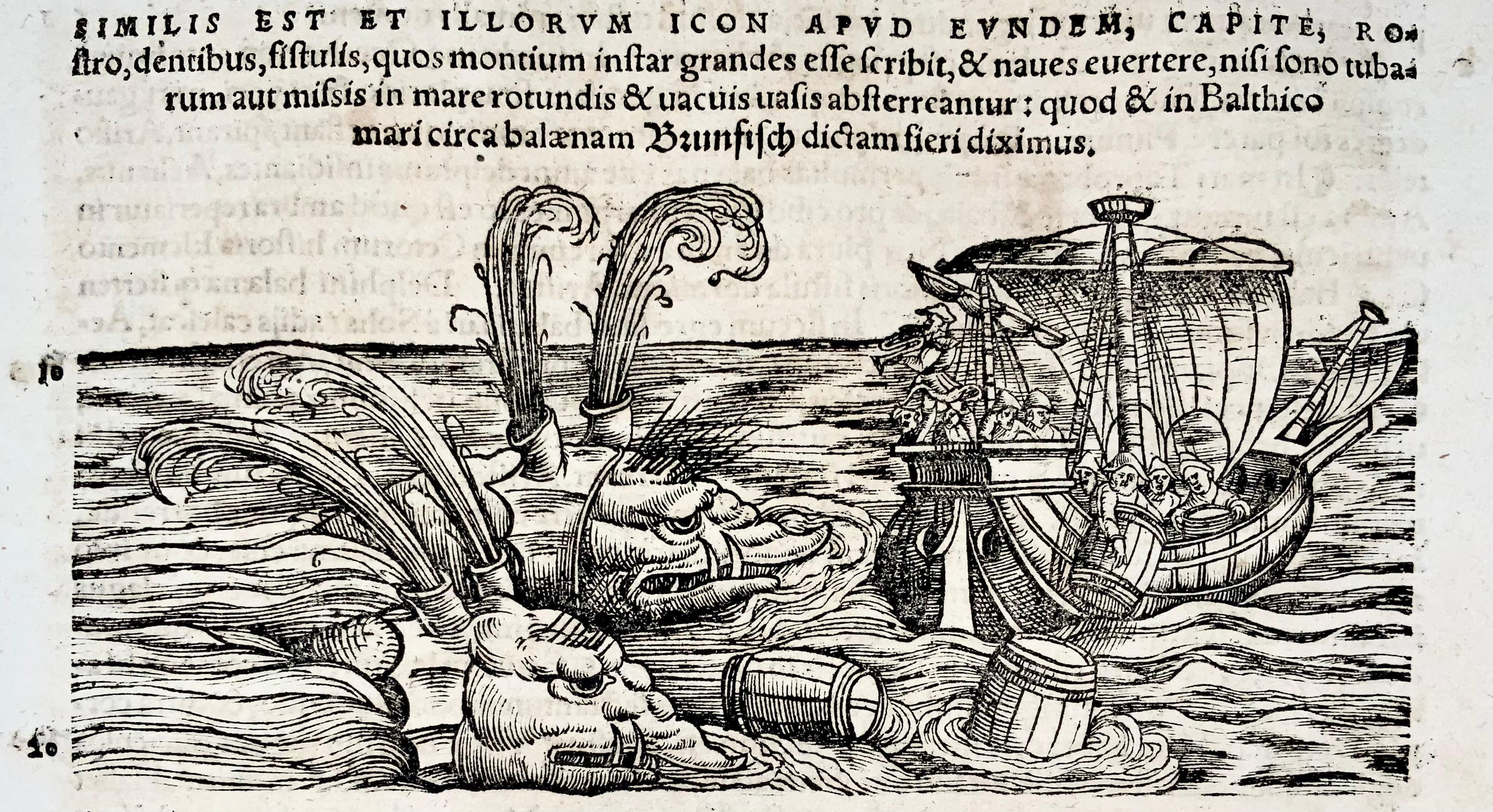 1558 Conrad Gesner, Monstrous Wal attackiert ein Segelschiff, Holzschnitt-Blatt (Schweizerisch) im Angebot