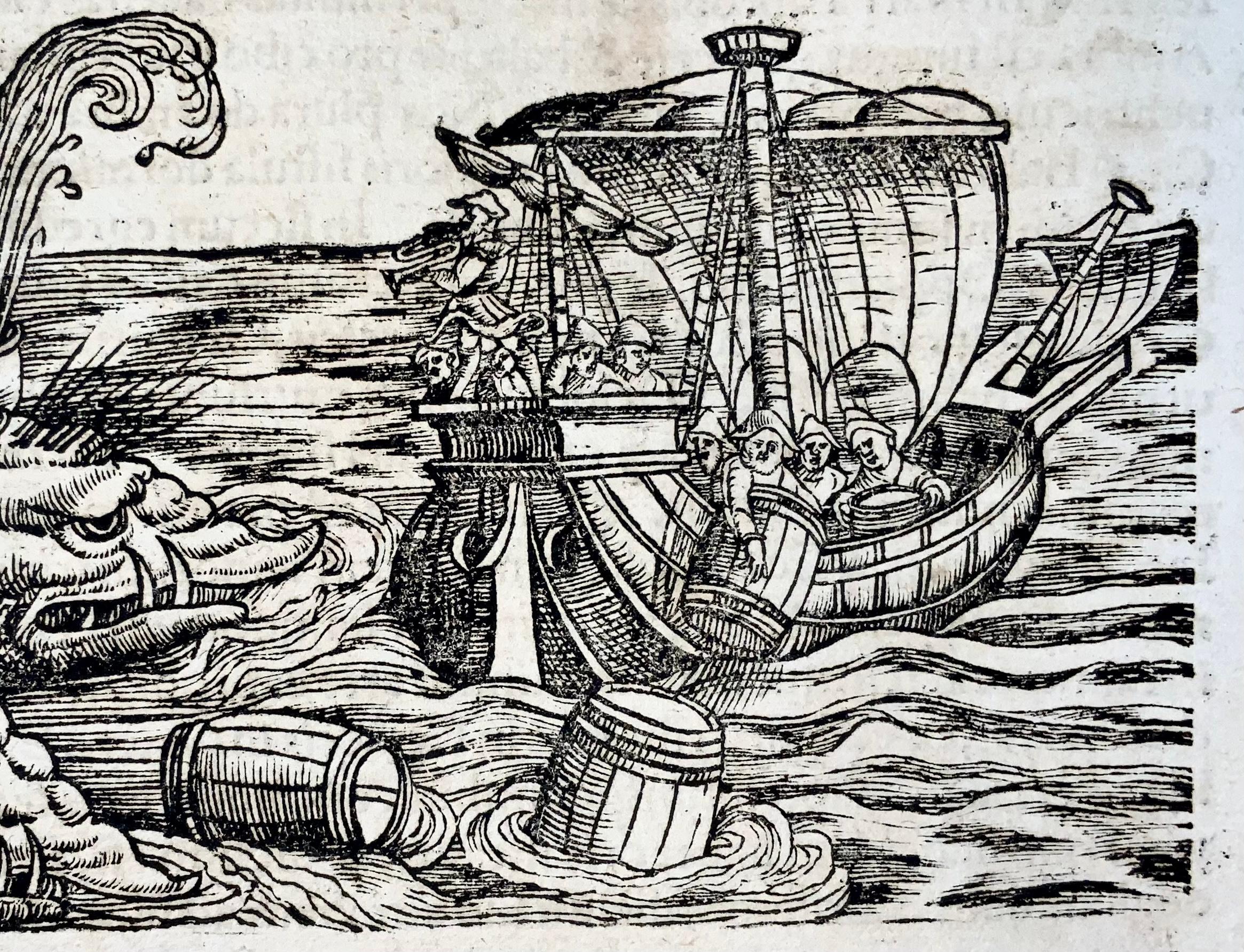 1558 Conrad Gesner, Monstrous Wal attackiert ein Segelschiff, Holzschnitt-Blatt (Radiert) im Angebot
