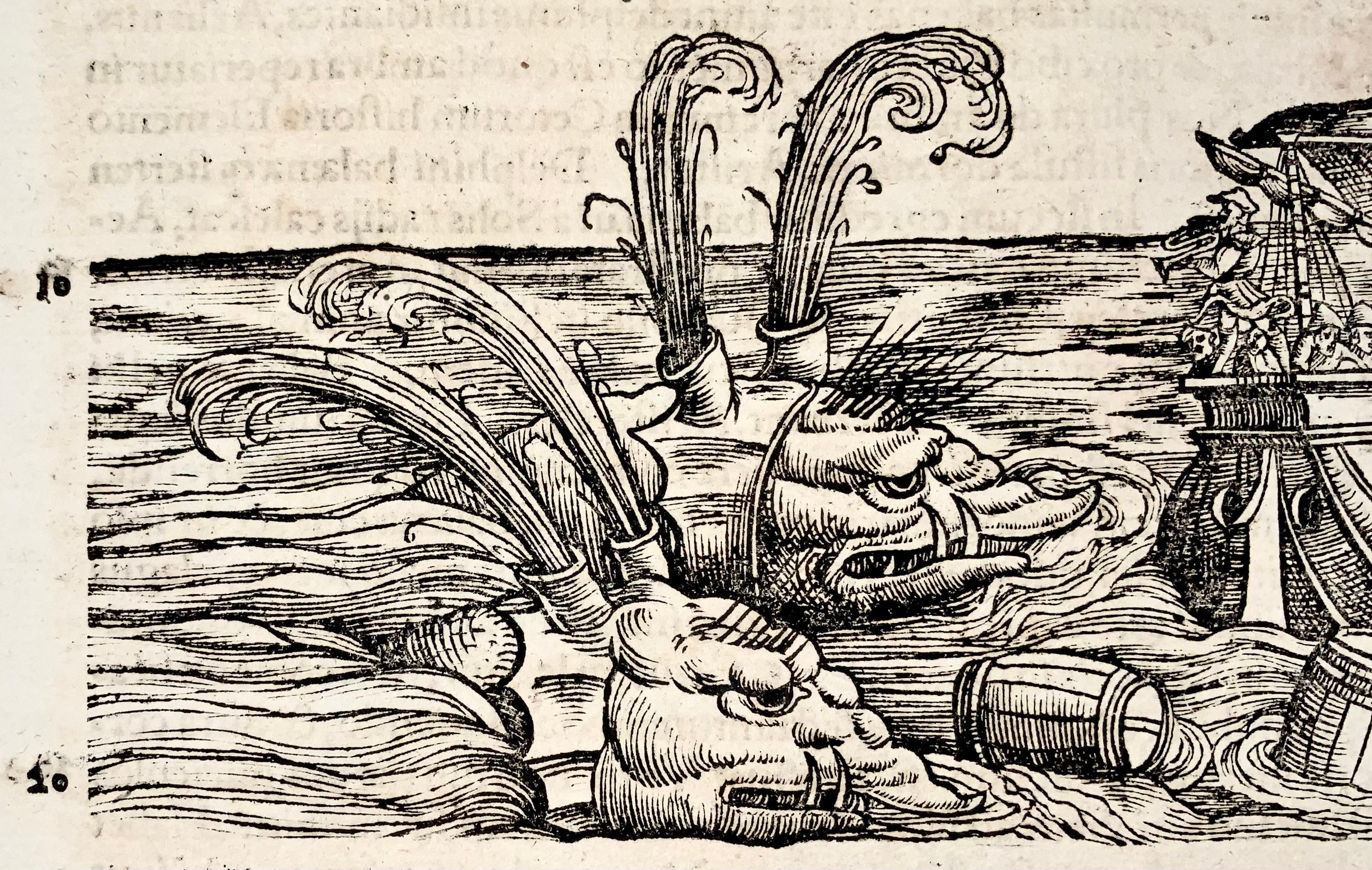 Renaissance 1558 Conrad Gesner, Monstrous Whale Attacks a Sailing Ship, Woodcut Leaf For Sale