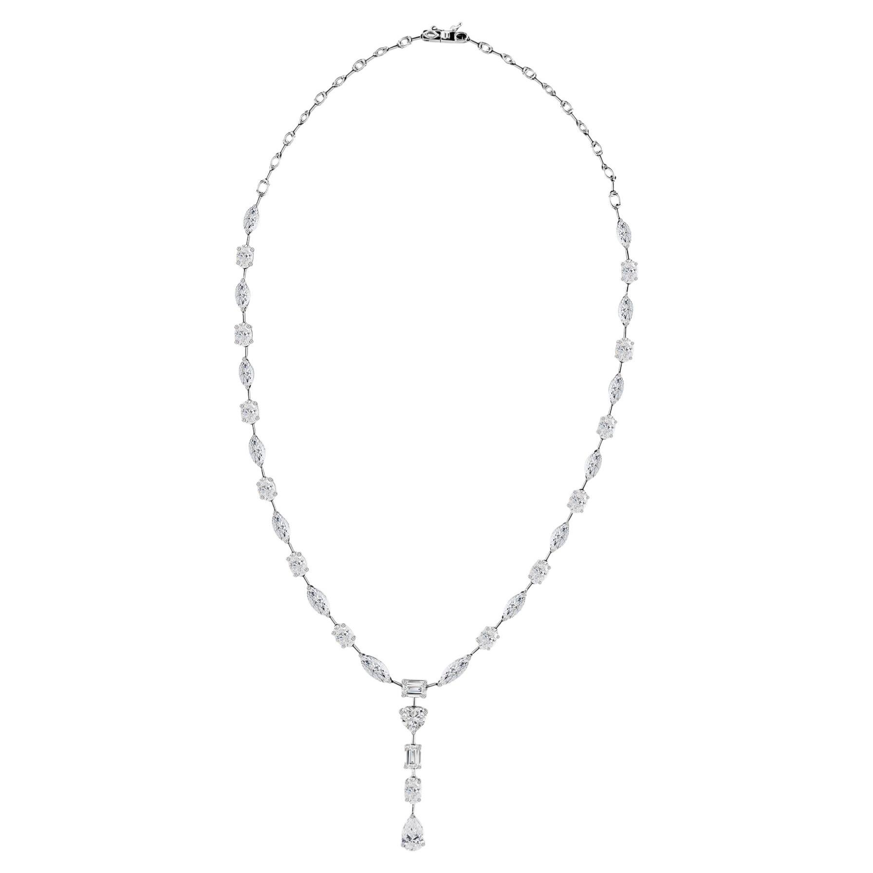 15.59 Carat Natural Multi Cut Diamond Y Drop Pendant Necklace 18K White Gold