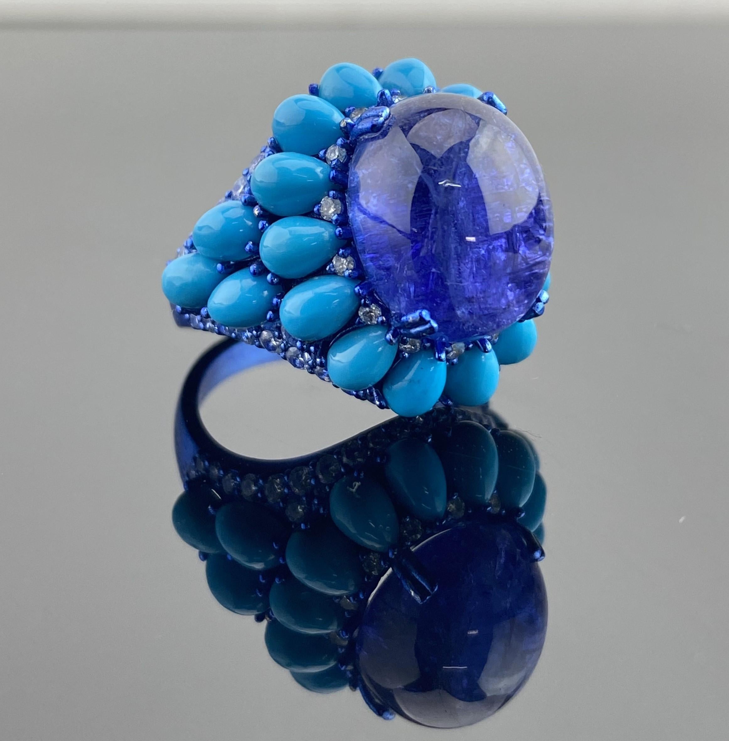 15,59 Karat Tansanit Cabochon, Türkis und Diamanten Cocktail-Ring im Angebot 5