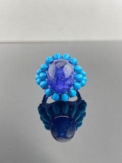 15.59 Carat Tanzanite Cabochon, Turquoise and Diamonds Cocktail Ring