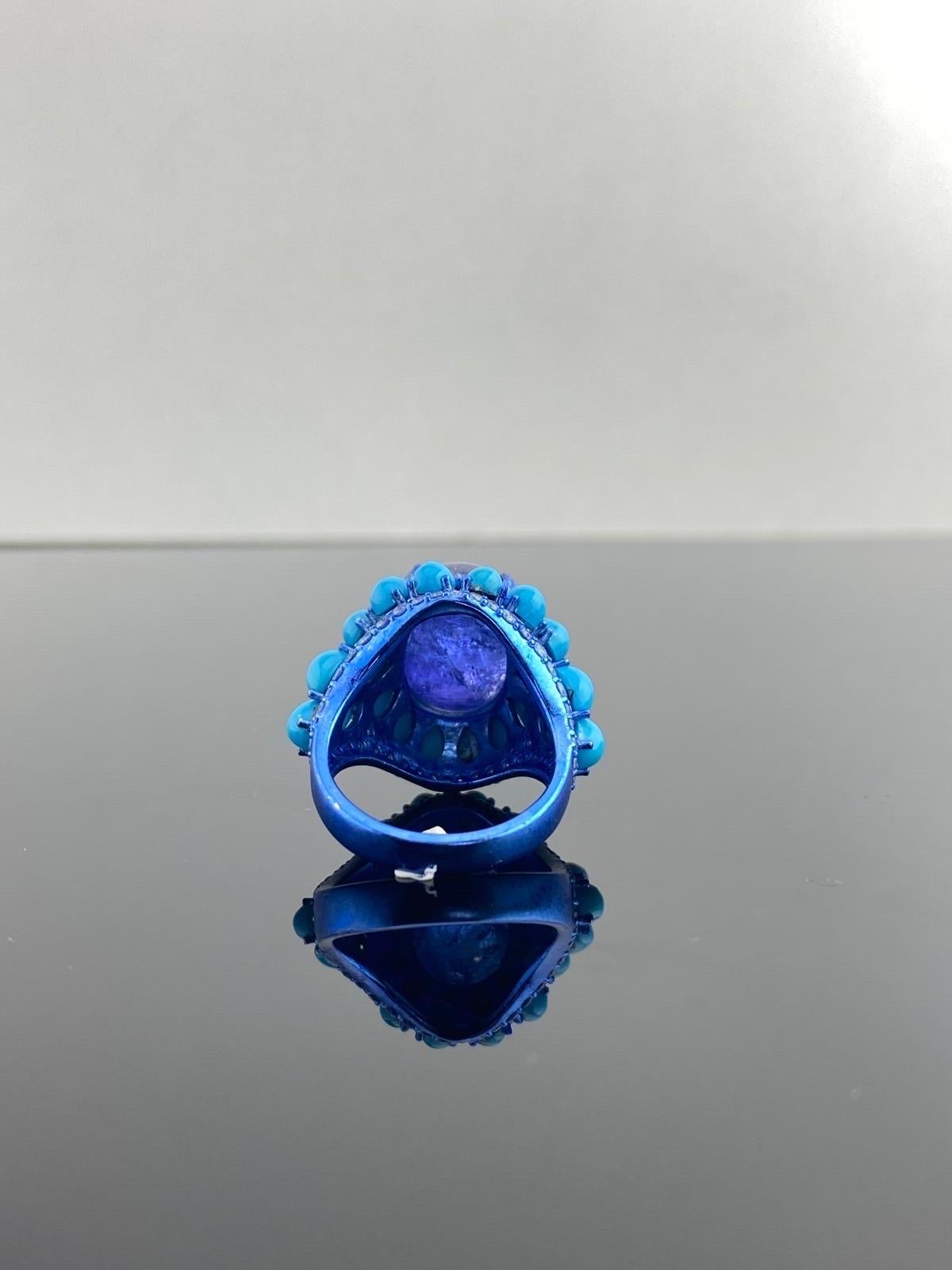 15,59 Karat Tansanit Cabochon, Türkis und Diamanten Cocktail-Ring (Moderne) im Angebot