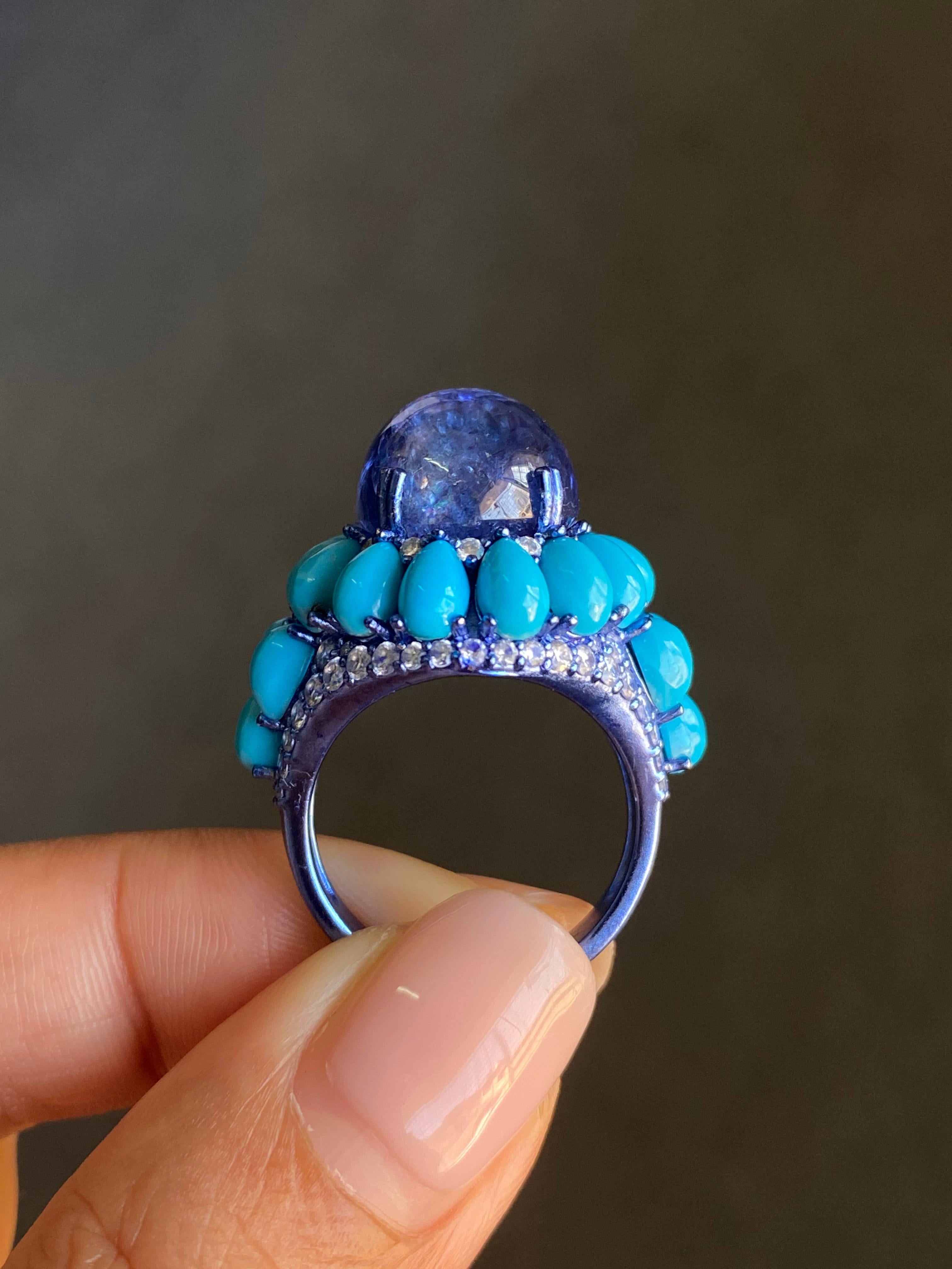 15,59 Karat Tansanit Cabochon, Türkis und Diamanten Cocktail-Ring im Angebot 4