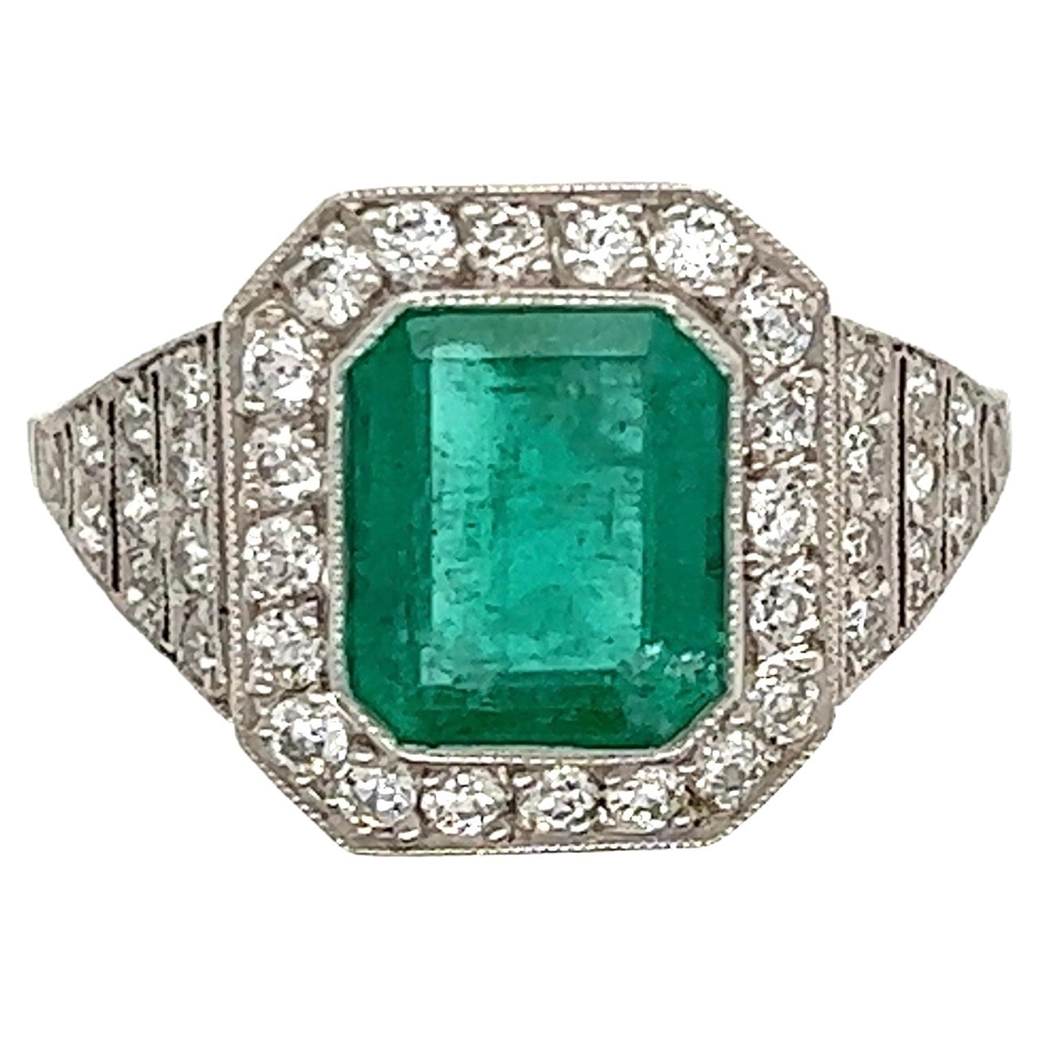 1.55 Carat Emerald and Diamond Platinum Cocktail Ring Fine Estate Jewelry