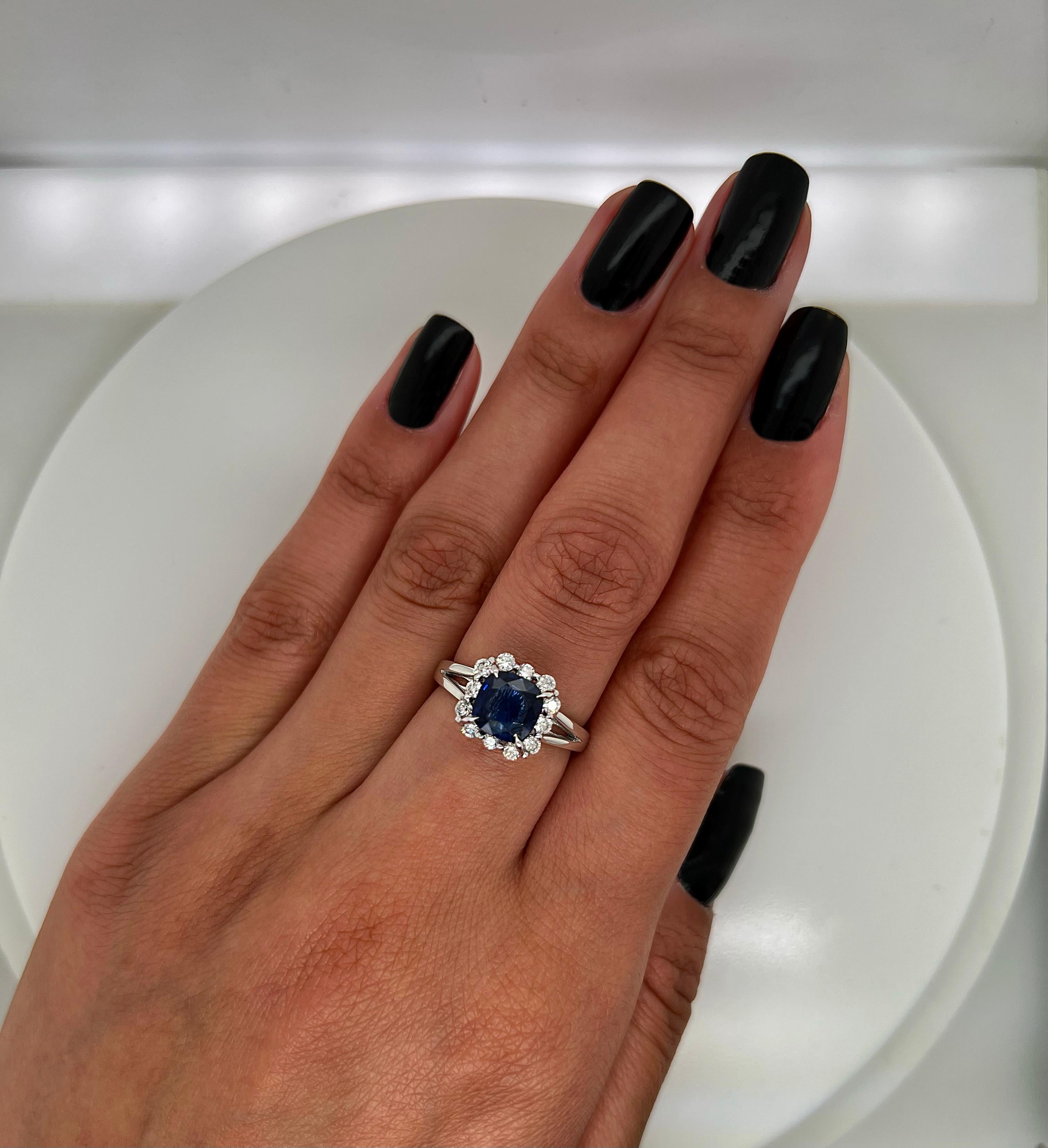 Cushion Cut 2.02 Total Carat Sapphire Diamond Engagement Ring For Sale