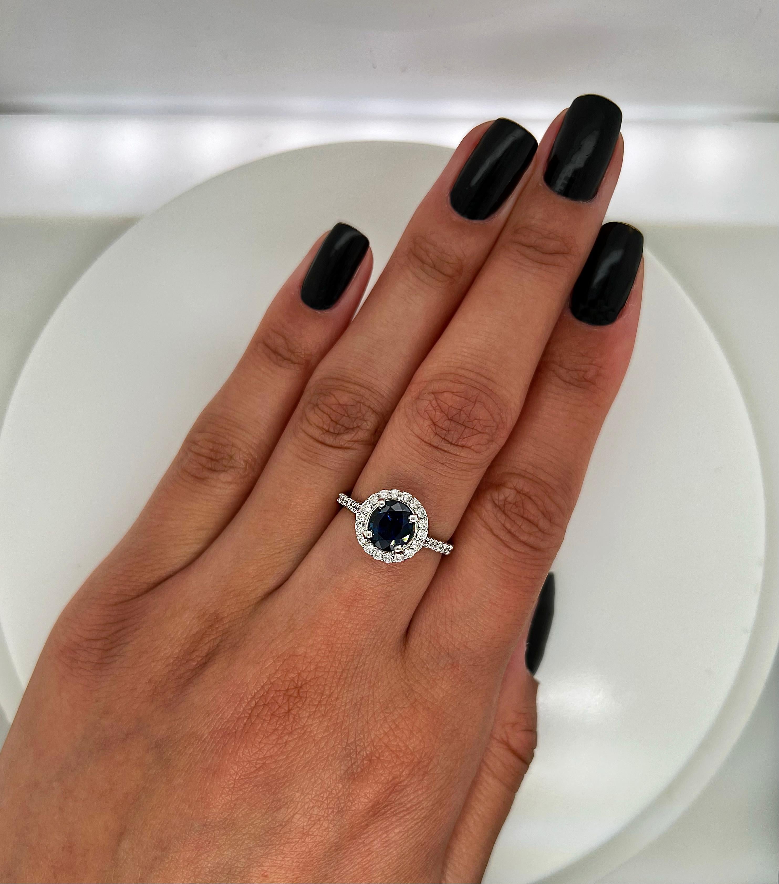 Round Cut 2.03 Total Carat Sapphire Diamond Halo Ladies Ring For Sale