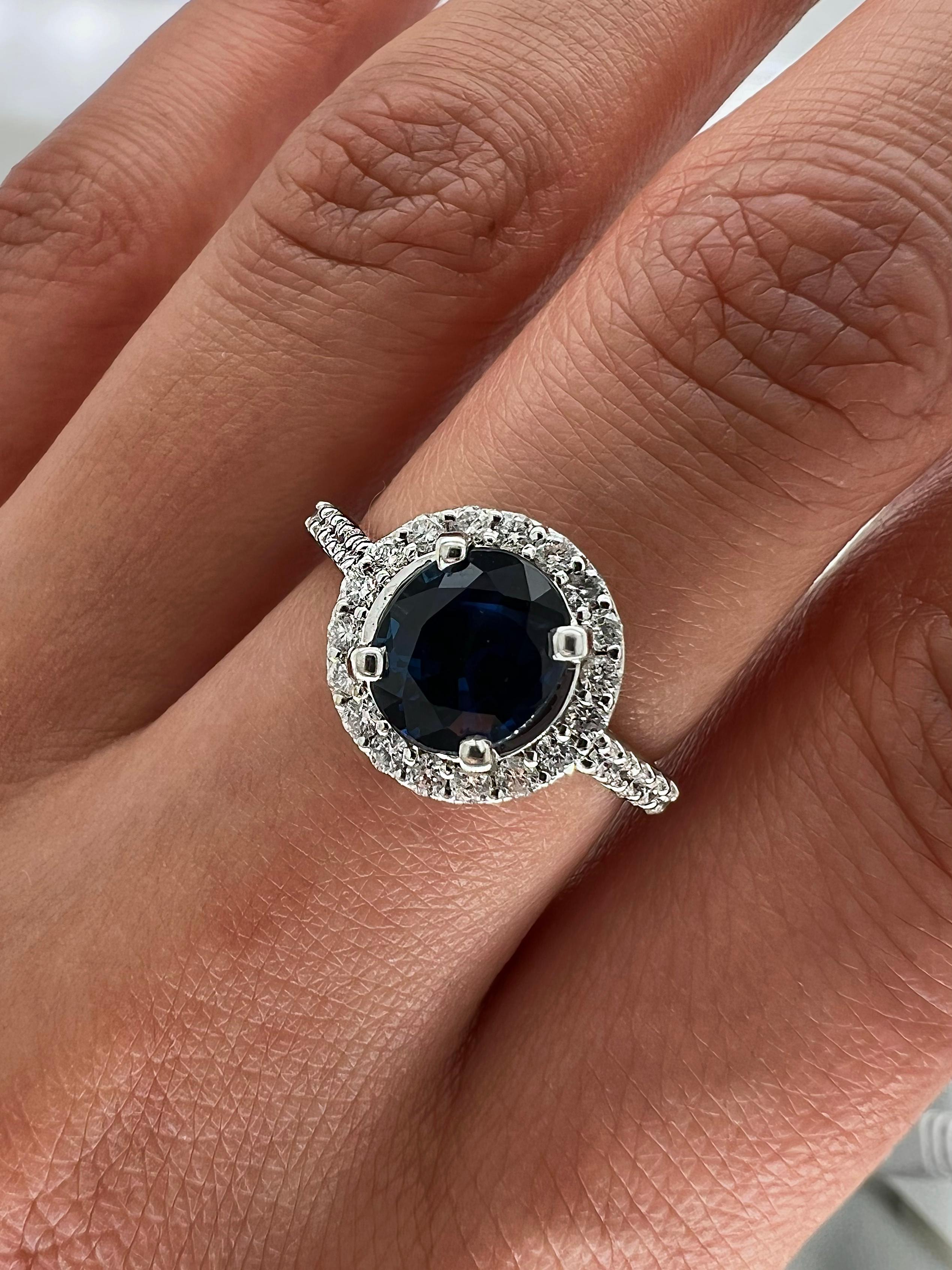 2.03 Total Carat Sapphire Diamond Halo Ladies Ring In New Condition For Sale In New York, NY
