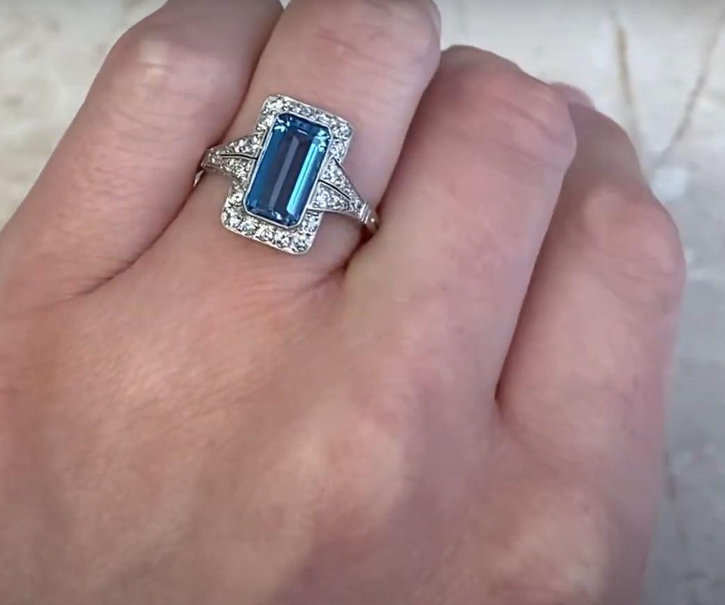 1.55ct Aquamarine Engagement Ring, Diamond Halo, Platinum  For Sale 4