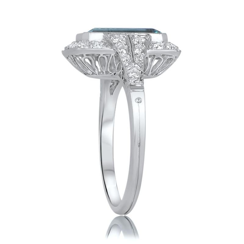 Art Deco 1.55ct Aquamarine Engagement Ring, Diamond Halo, Platinum  For Sale