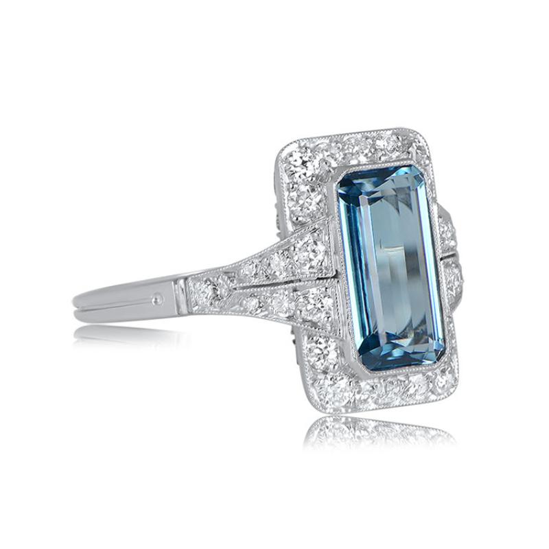 Emerald Cut 1.55ct Aquamarine Engagement Ring, Diamond Halo, Platinum  For Sale