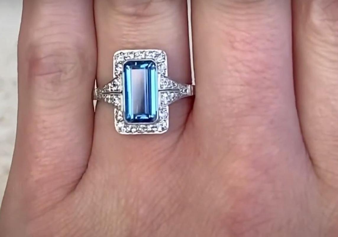 Women's 1.55ct Aquamarine Engagement Ring, Diamond Halo, Platinum  For Sale