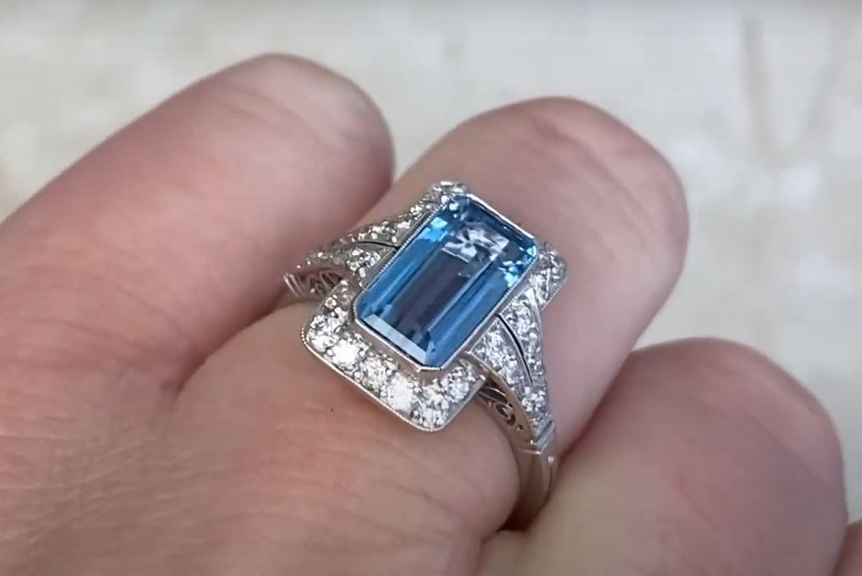 1.55ct Aquamarine Engagement Ring, Diamond Halo, Platinum  For Sale 2