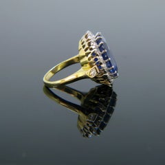 15.5 Carat Burma No Heat Sapphire Diamond Cluster Yellow and White Gold Ring