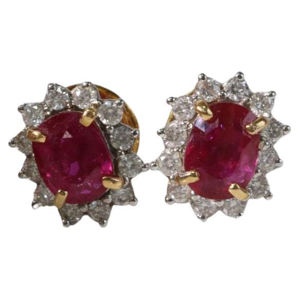 1.55Ct Burma Unheated Ruby Halo Starburst Earring