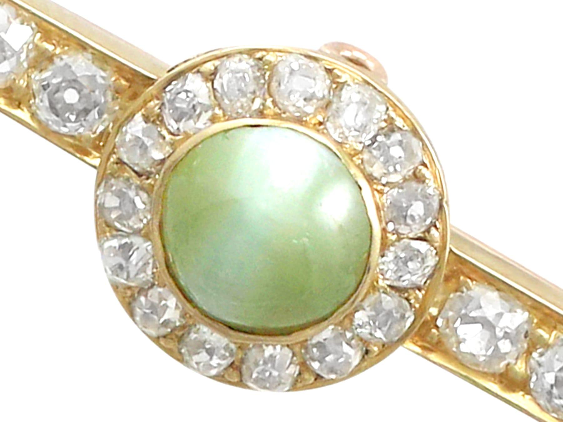 A stunning antique Victorian 1.55 Ct cat's eye chrysoberyl and 1.10 Ct diamond, pearl and 18k yellow gold bar brooch; part of our diverse antique jewelry collections.

This stunning, fine and impressive antique Victorian cabochon cut Chrysoberyl