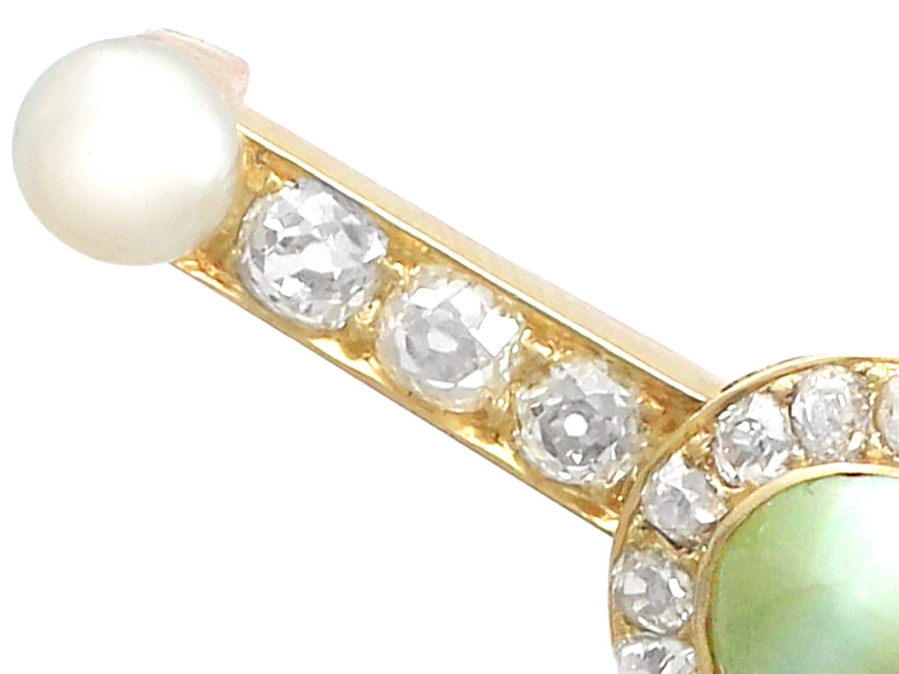 Victorian 1.55Ct Cabochon Cut Chrysoberyl and 1.10Ct Diamond Pearl and Gold Bar Brooch For Sale