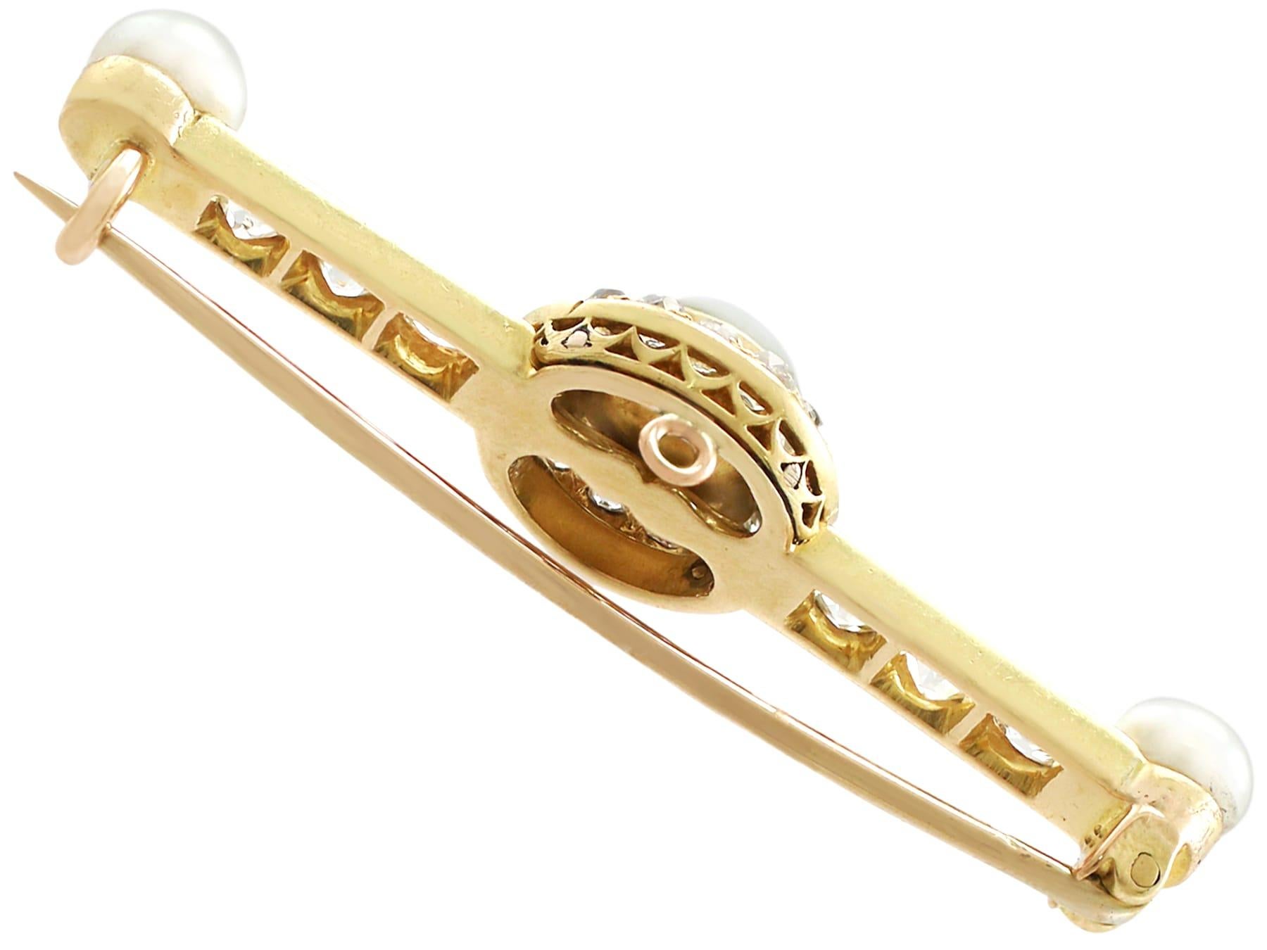 Old European Cut 1.55Ct Cabochon Cut Chrysoberyl and 1.10Ct Diamond Pearl and Gold Bar Brooch For Sale