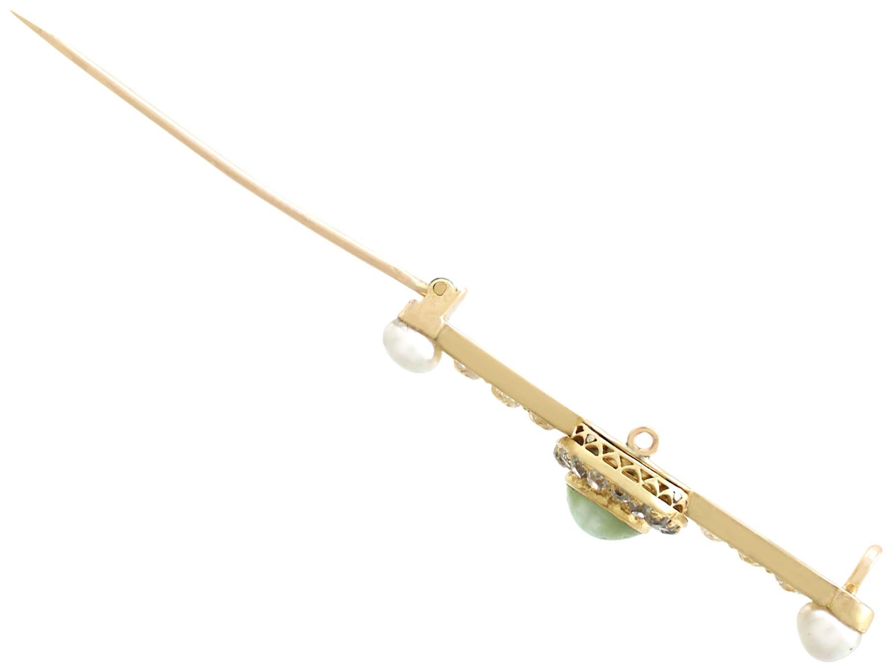 Women's 1.55Ct Cabochon Cut Chrysoberyl and 1.10Ct Diamond Pearl and Gold Bar Brooch For Sale