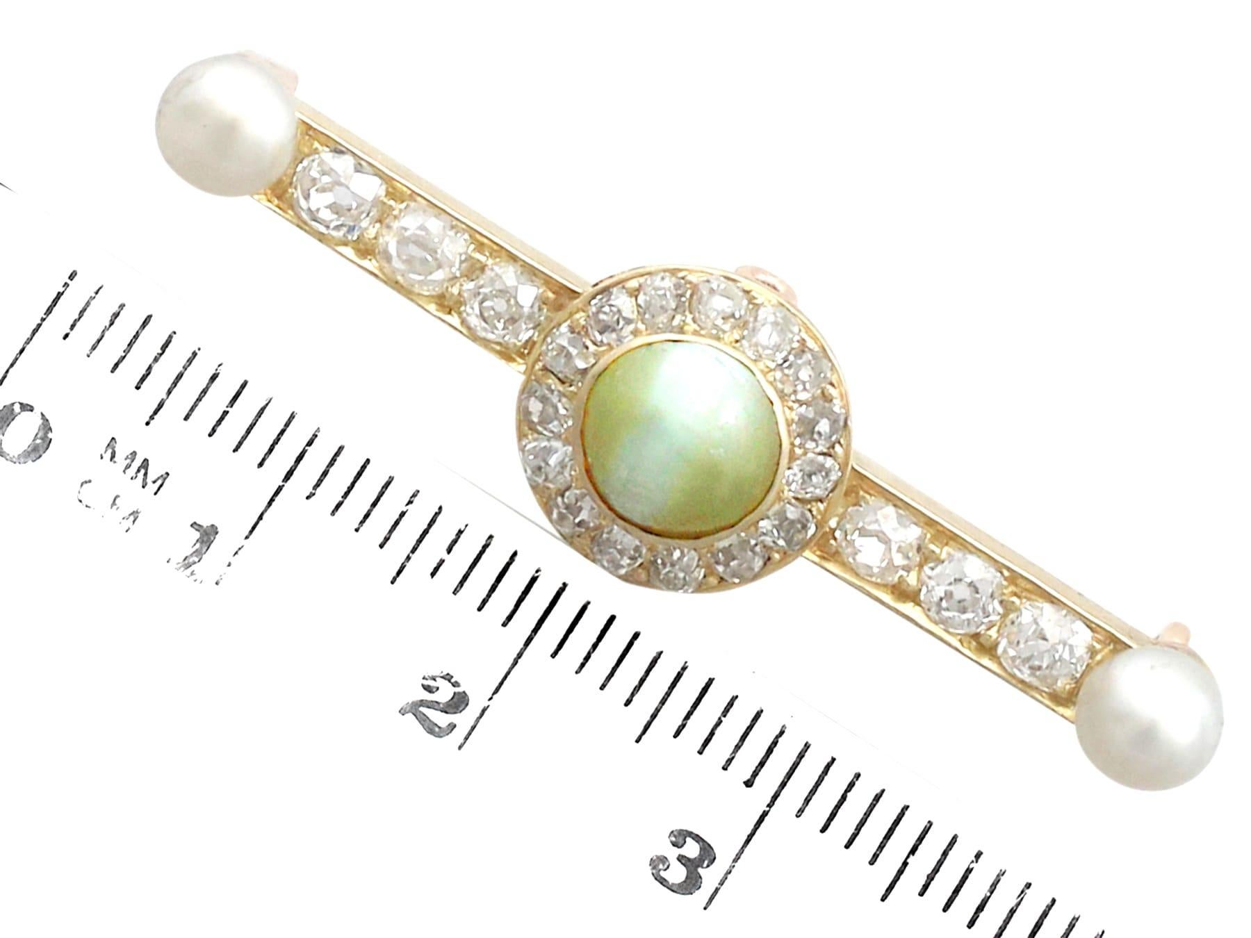 1.55Ct Cabochon Cut Chrysoberyl and 1.10Ct Diamond Pearl and Gold Bar Brooch For Sale 1