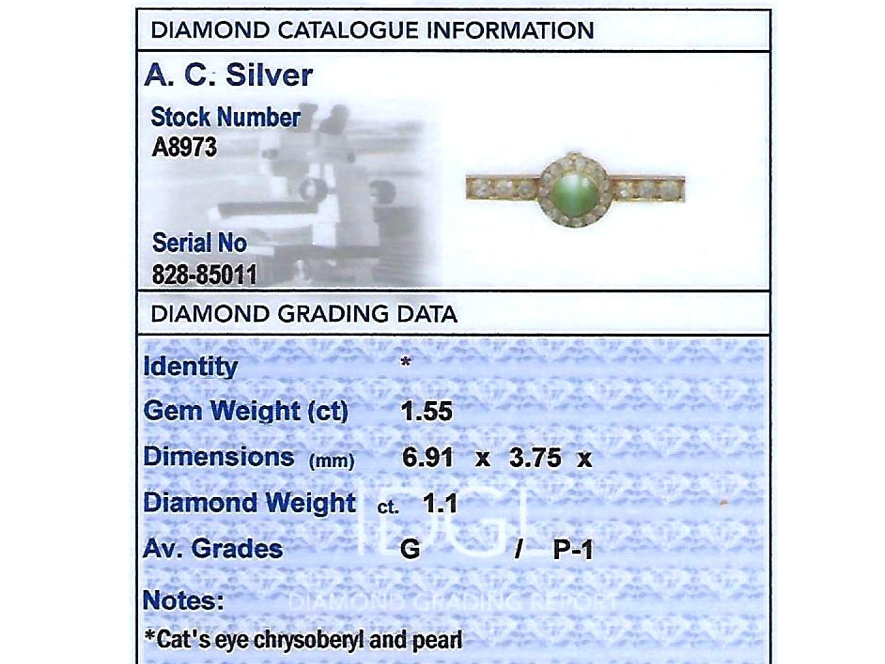 1.55Ct Cabochon Cut Chrysoberyl and 1.10Ct Diamond Pearl and Gold Bar Brooch For Sale 2