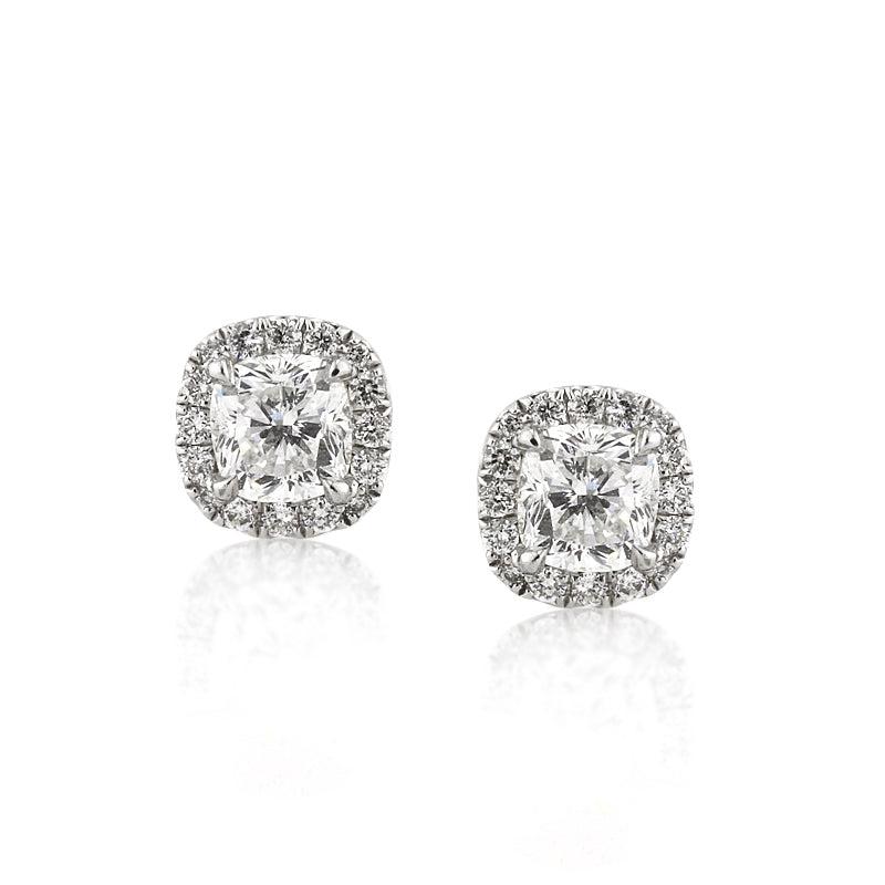 1.55ct Cushion Cut Diamond Halo Stud Earrings in Platinum For Sale