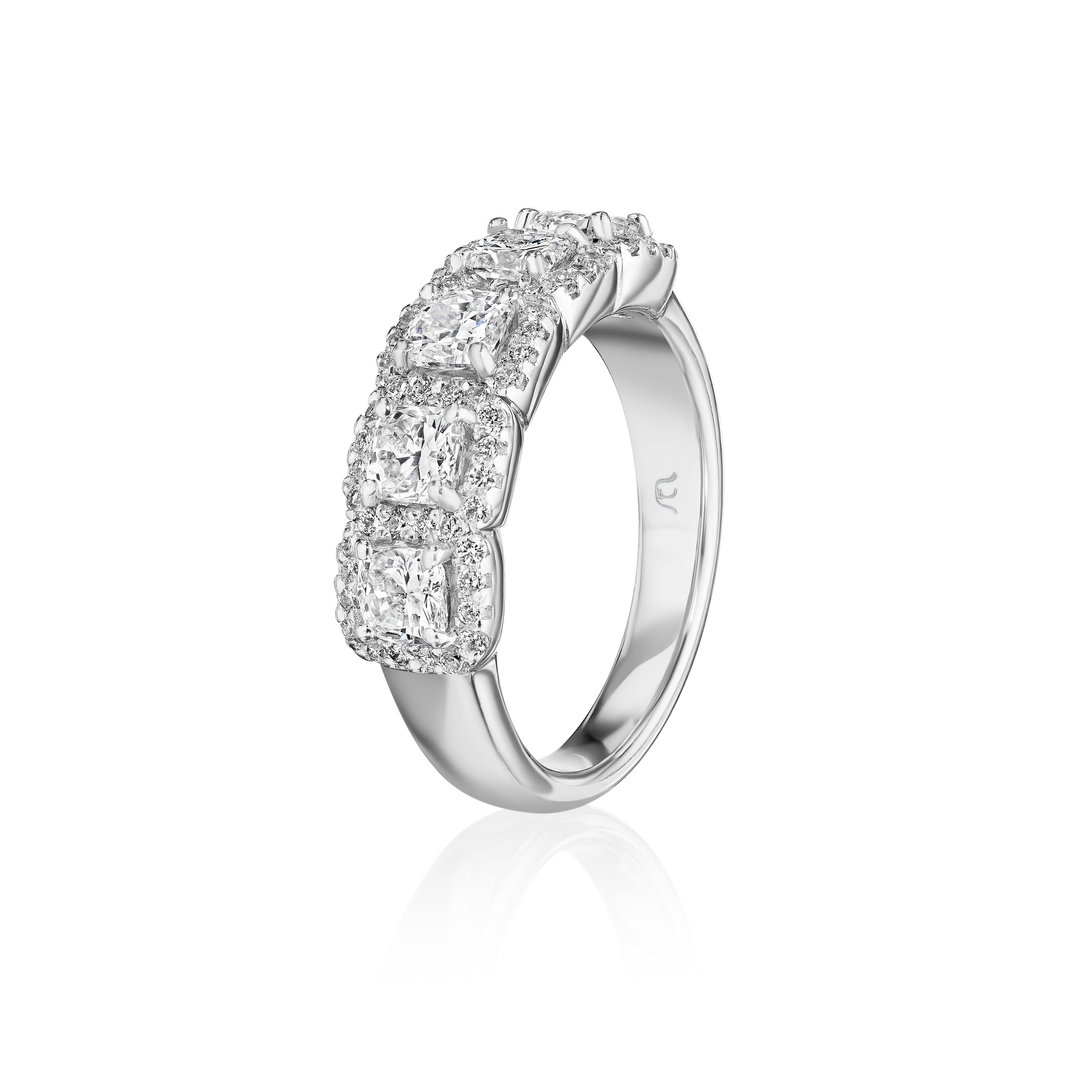 Modern 1.55ct Cushion & Round Diamond Halo Band in 18KT Gold For Sale