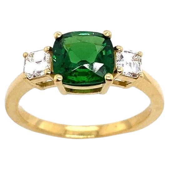 1.55ct Cushion Tsavorite 3-Stone Ring with 2 Matching F/VS Asscher 0.40ct For Sale