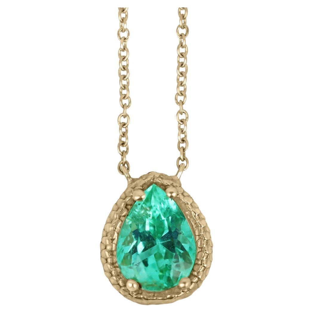 1.55ct Electric Green Colombian Emerald Solitaire Snake Pendant 14K Gold Pear