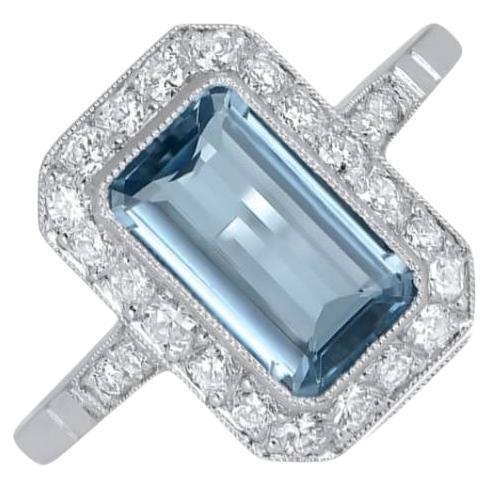 1.55ct Emerald Cut Aquamarine Cocktail Ring, Diamond Halo, Platinum
