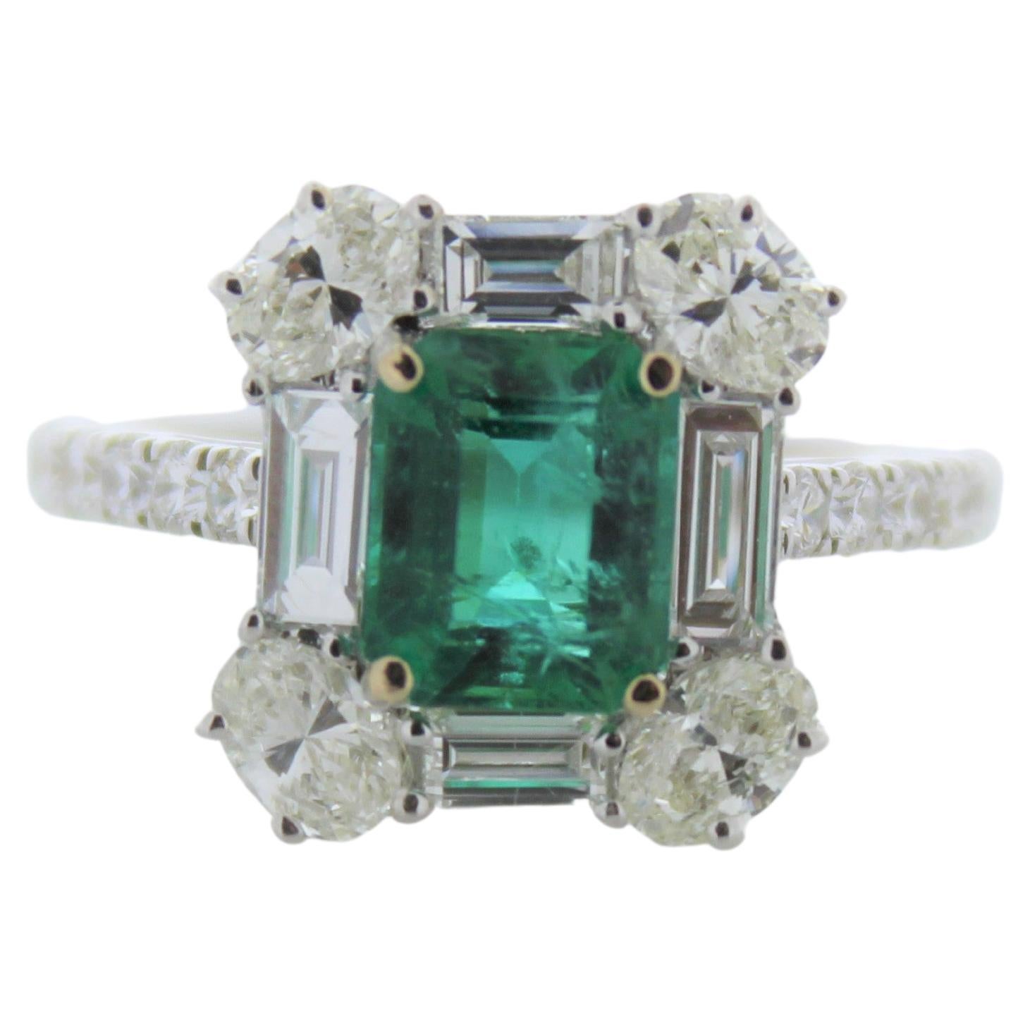 1.55ct Green Emerald and 1.63ctw Diamond Ring in 18K White Gold For Sale