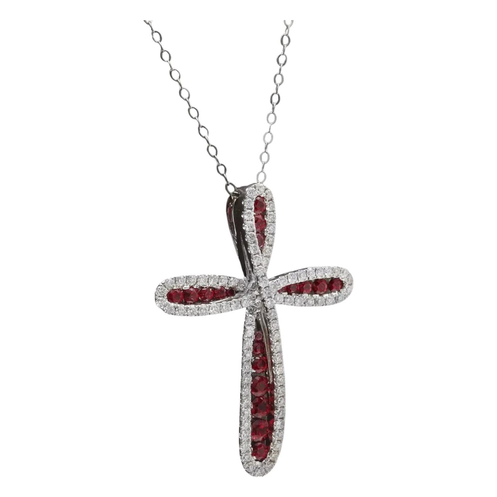 Round Cut 1.55Ct Natural African Ruby and Diamond 18K Solid White Gold Cross Necklace For Sale