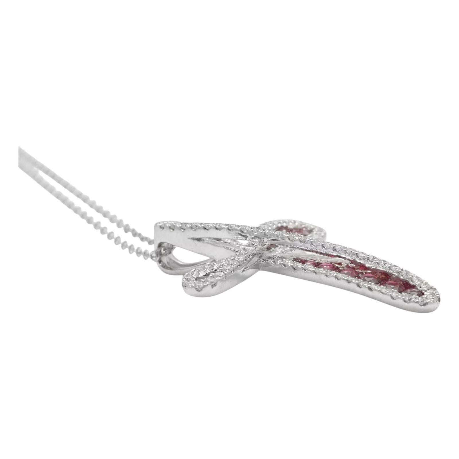 1.55Ct Natural African Ruby and Diamond 18K Solid White Gold Cross Necklace In Excellent Condition For Sale In Los Angeles, CA