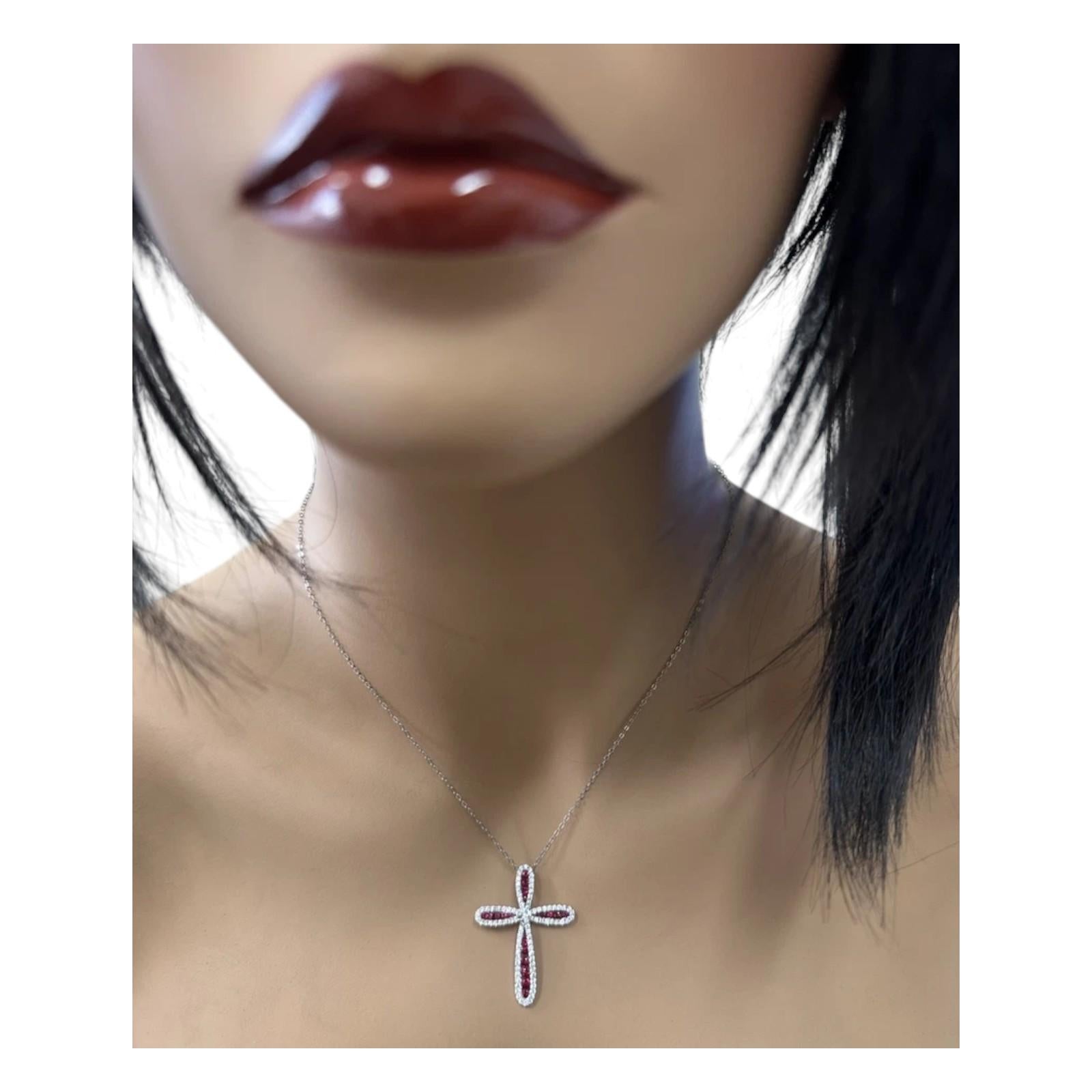 Women's 1.55Ct Natural African Ruby and Diamond 18K Solid White Gold Cross Necklace For Sale