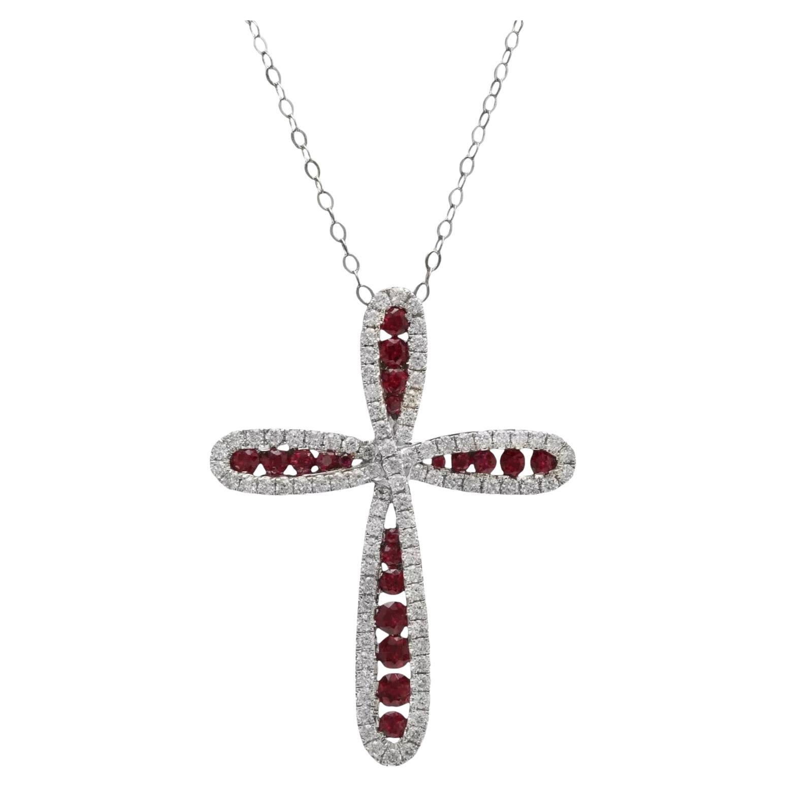 Collar en forma de cruz de oro blanco macizo de 18 quilates con rubí africano natural y diamantes de 1,55 quilates