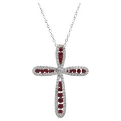 Collar en forma de cruz de oro blanco macizo de 18 quilates con rubí africano natural y diamantes de 1,55 quilates