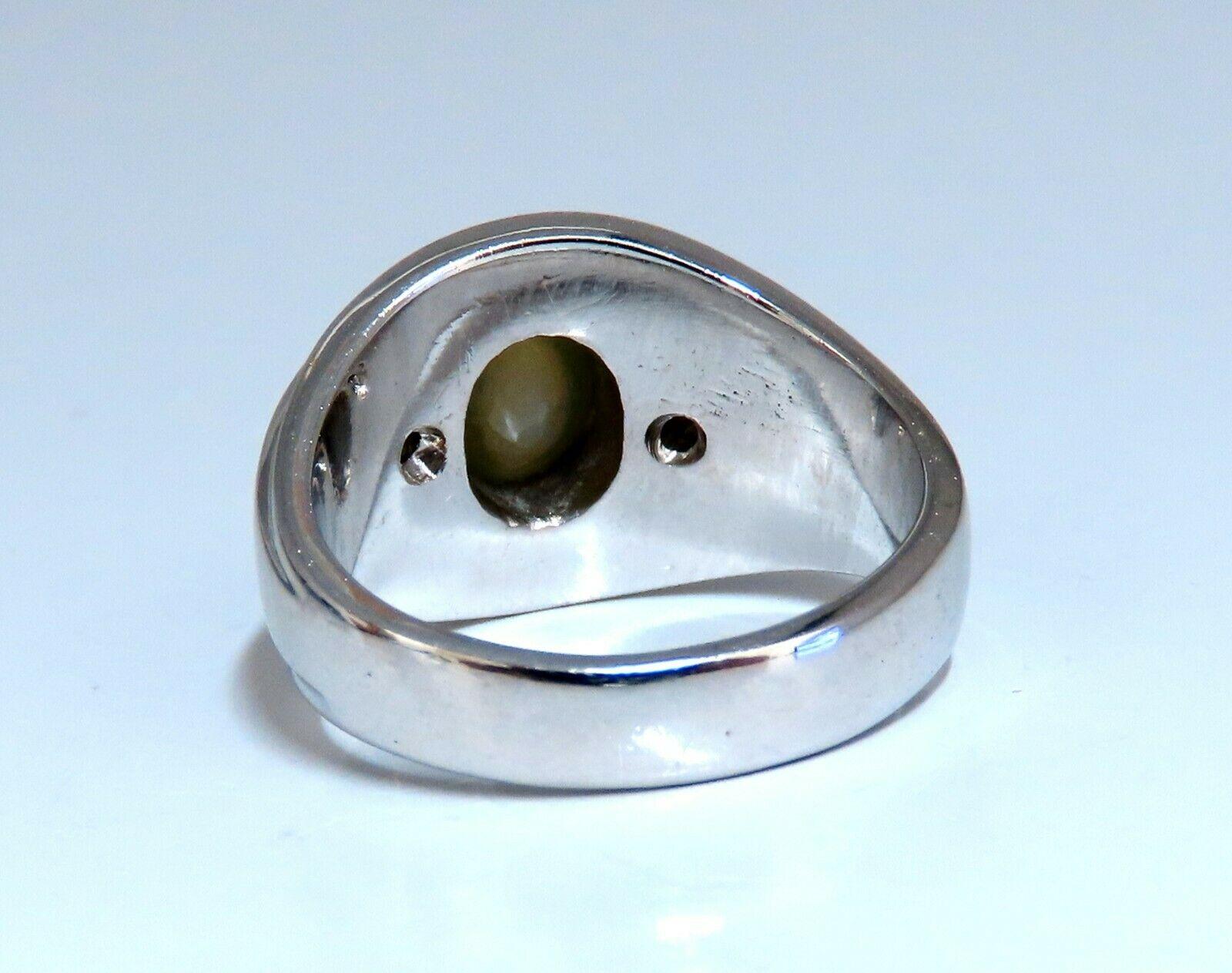 Cabochon 1.55 Carat Natural Green Chrysoberyl Cats Eye Diamonds Ring 14 Karat Fine Line