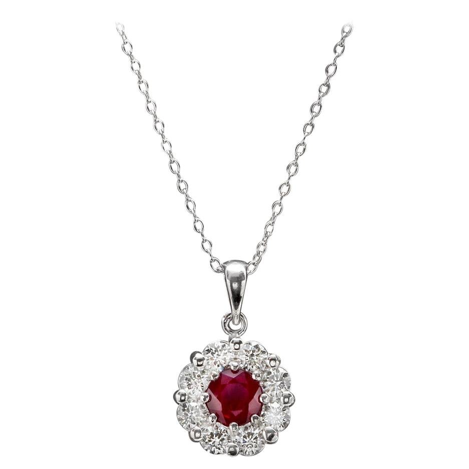 1.55ct Natural Ruby and Diamond 14k Solid White Gold Pendant Necklace For Sale