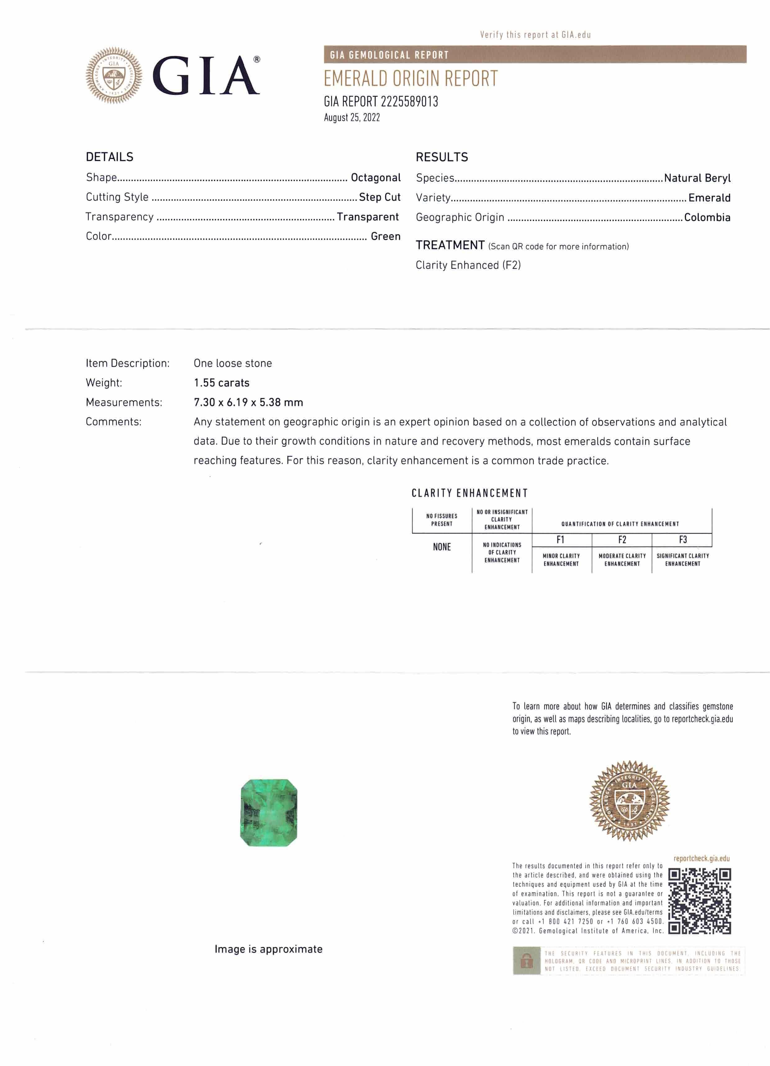 This is a stunning GIA Certified Emerald

 

The GIA report reads as follows:

GIA Report Number: 2225589013
Shape: Octagonal
Cutting Style:
Cutting Style: Crown: Step Cut
Cutting Style: Pavilion:
Transparency: Transparent
Color: Green


