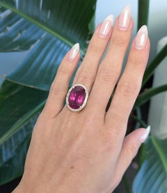 15.5Ct Rubellite Tourmaline Ring with Earth Mined Diamonds Halo: Oval 19x13mm