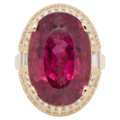 15.5Ct Rubellite Tourmaline Ring with Earth Mined Diamonds Halo: Oval 19x13mm
