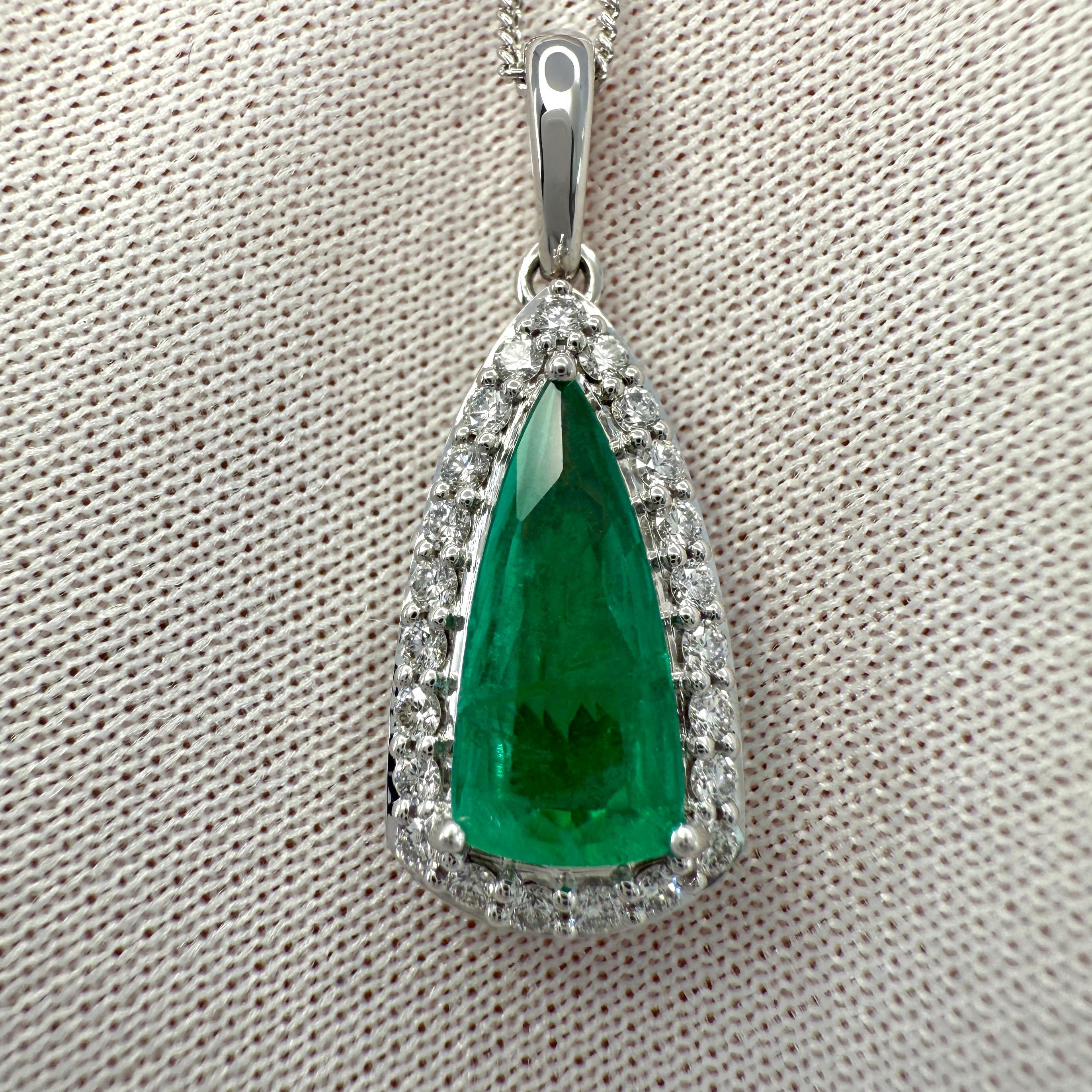 Emerald Cut 1.55ct Vivid Green Teardrop Emerald & Diamond 18k White Gold Pendant Necklace For Sale