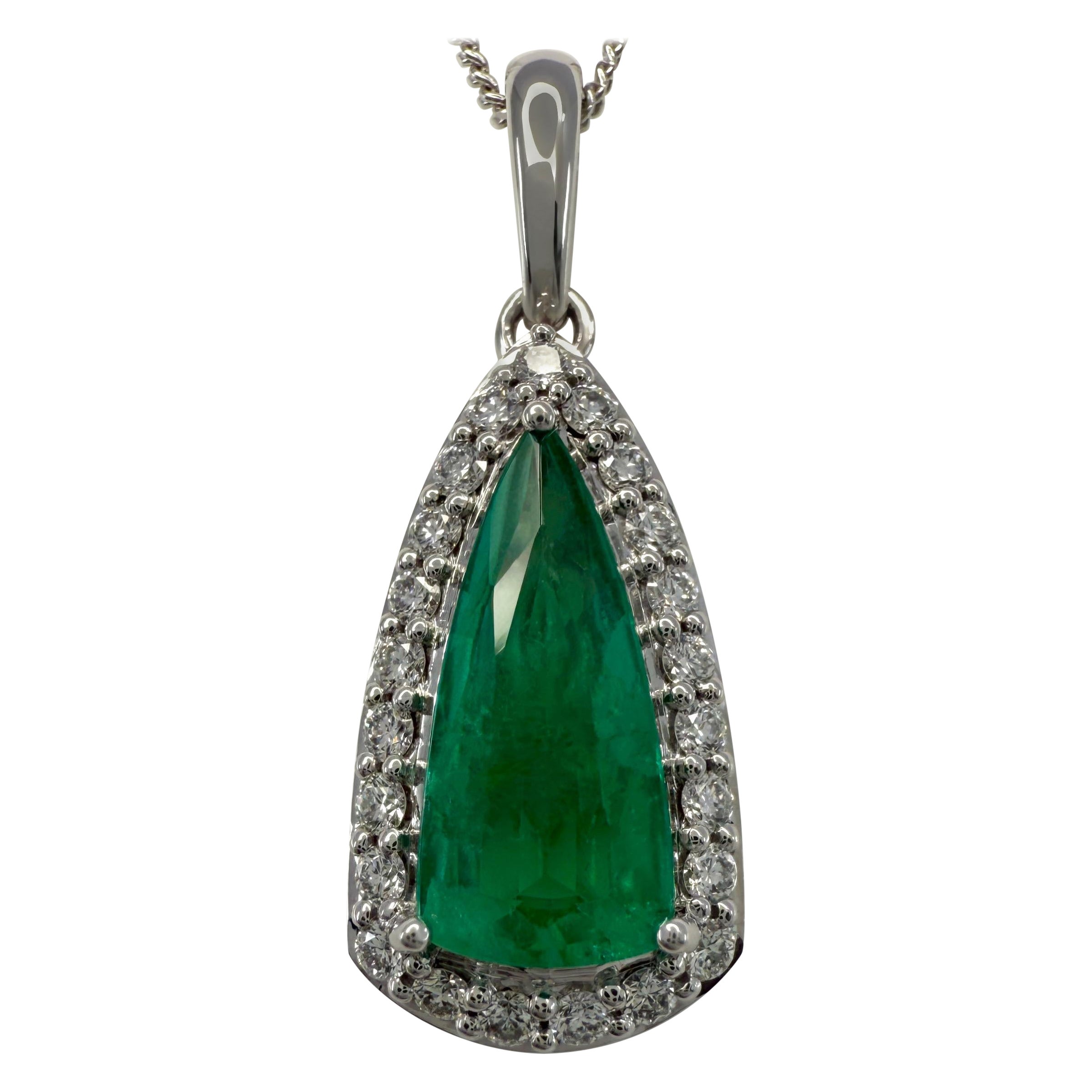 1.55ct Vivid Green Teardrop Emerald & Diamond 18k White Gold Pendant Necklace For Sale