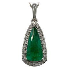1.55ct Vivid Green Teardrop Emerald & Diamond 18k White Gold Pendant Necklace